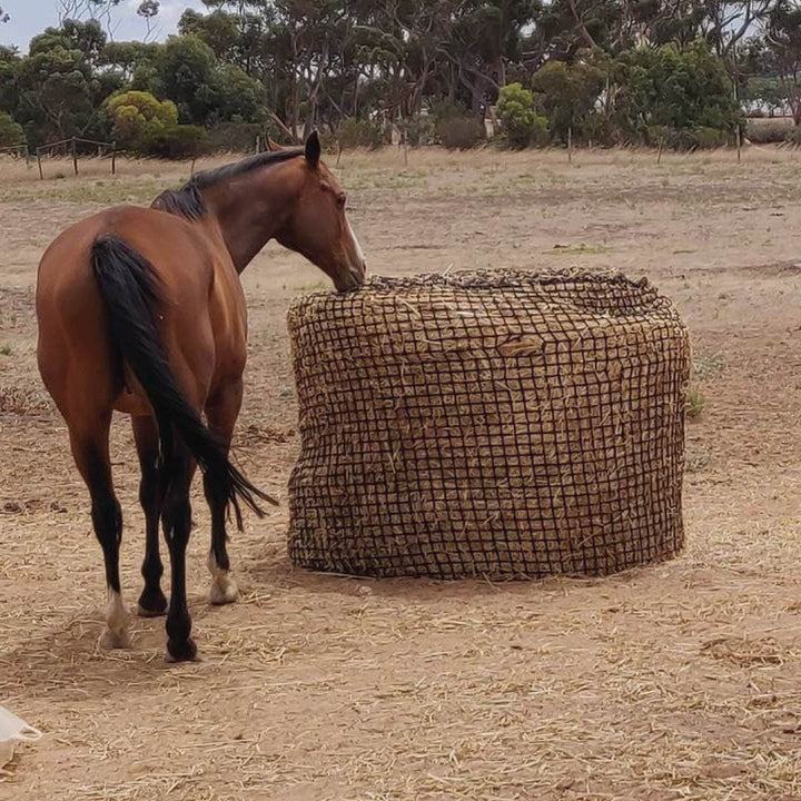 Aussie Grazers Round Bale Nets Deluxe Knotless 6x4 Round Bale Horse Slow Feeder Hay Net